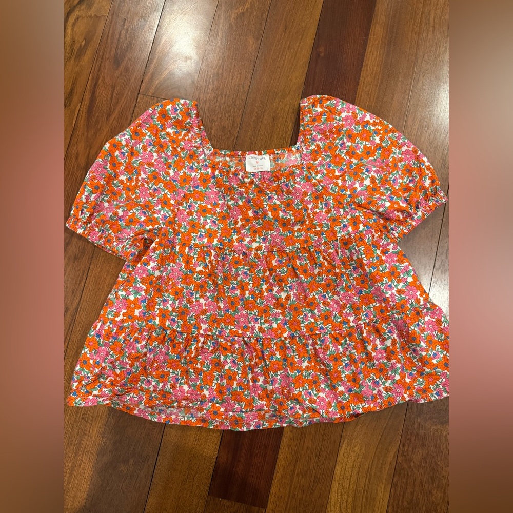 Crewcuts Floral Puff-Sleeve Peplum Top in Orange and Pink Sz M (8-9)